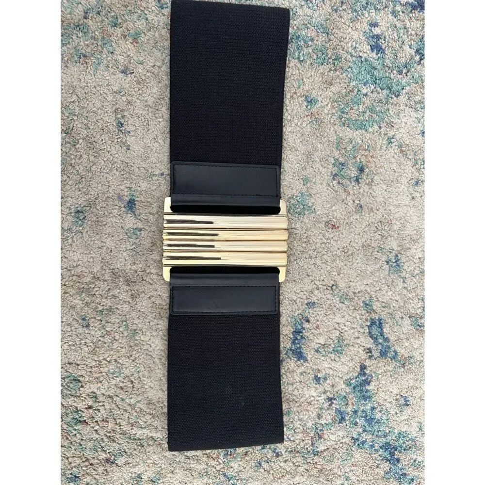 Ann Taylor Black Elastic Waist Belt with Gold Center Buckle and Genuine Leather